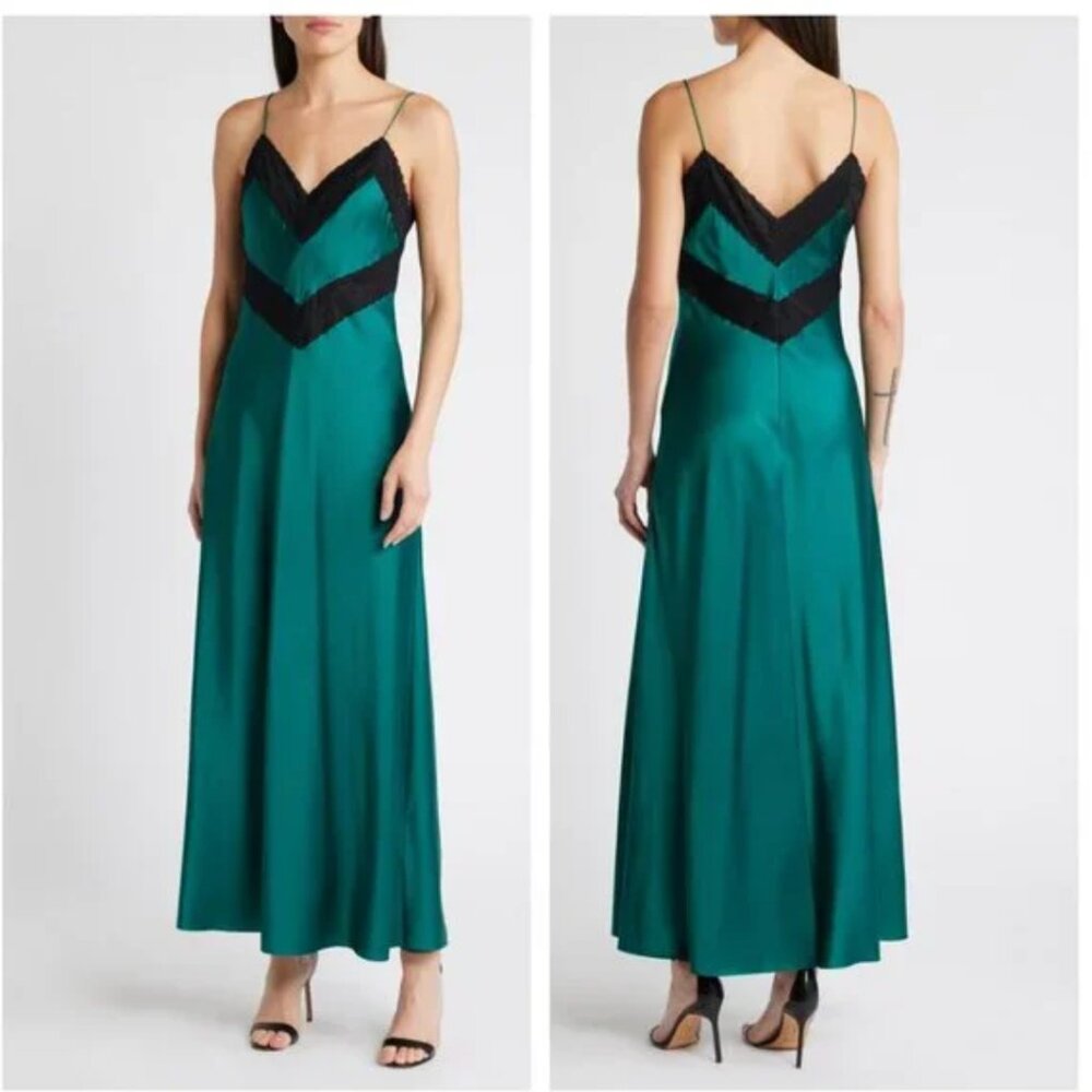 Love Shack Fancy Serita Silk Blend Slip Dress  Lace Trim Maxi Green Black XL